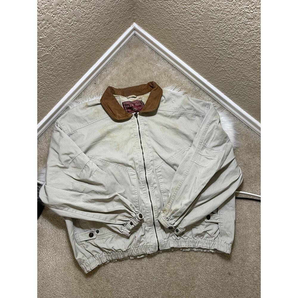 Pacific Trail Tan Cotton Bomber Jacket Mens L/XL Brown Leather Trim Full Zip